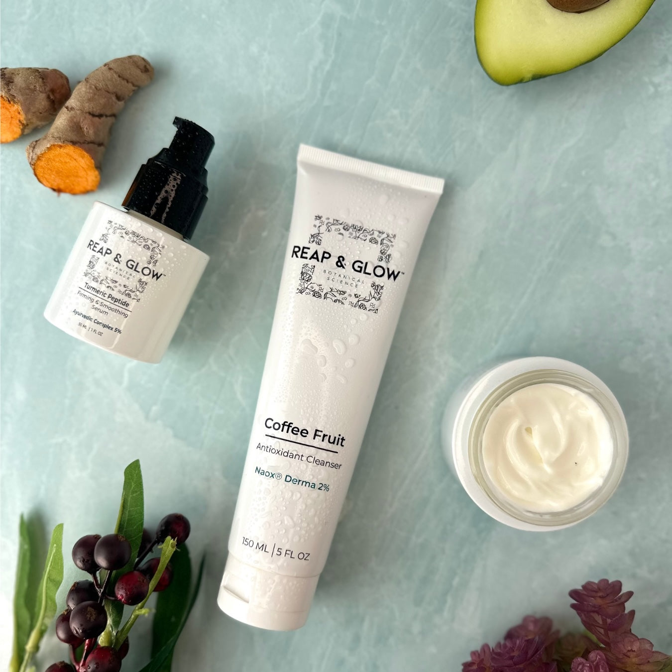 Turmeric Peptide Firming & Smoothing Serum + Ayurvedic Deep Hydrating Rejuvenation Crème + Coffee Fruit Antioxidant Cleanser